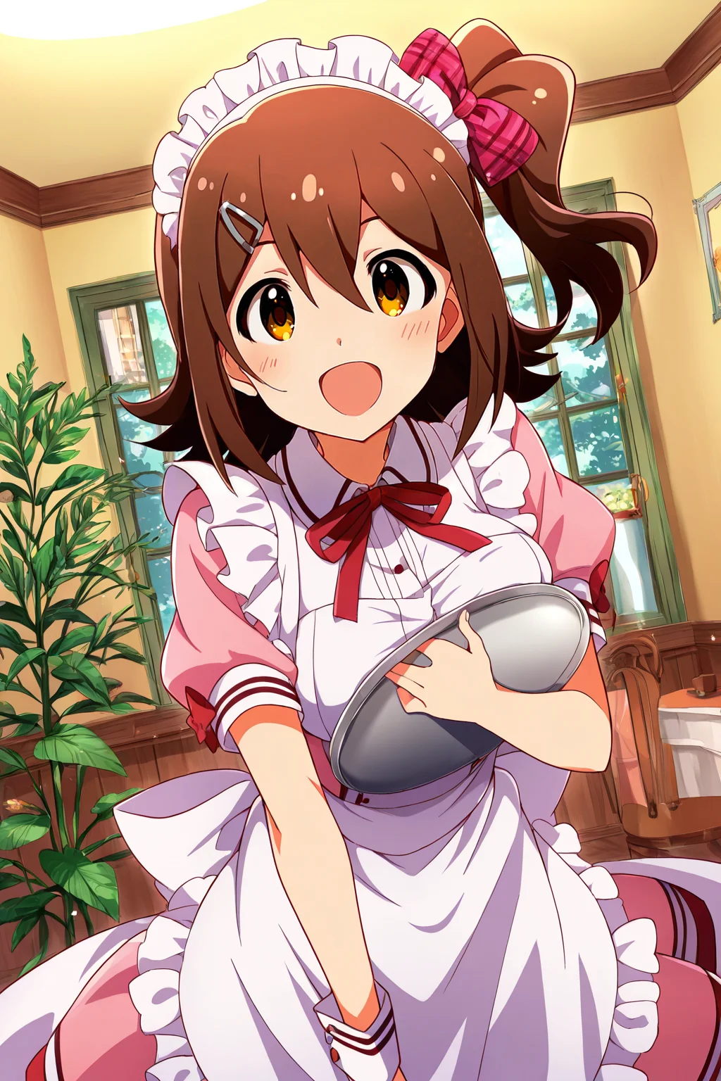 masterpiece,best quality,very aesthetic,absurdres,highres,newest,official art,official style,
1girl,solo,
kasuga mirai,brown eyes,brown hair,hairclip,hair ornament,hair between eyes,one side up,side ponytail,medium hair,
maid,maid headdress,pink dress,white apron,
<lora:eye_focus_illus:1>,eye_focus,
<lora:idolmaster_kasuga_mirai_ill_v1.0:1>,