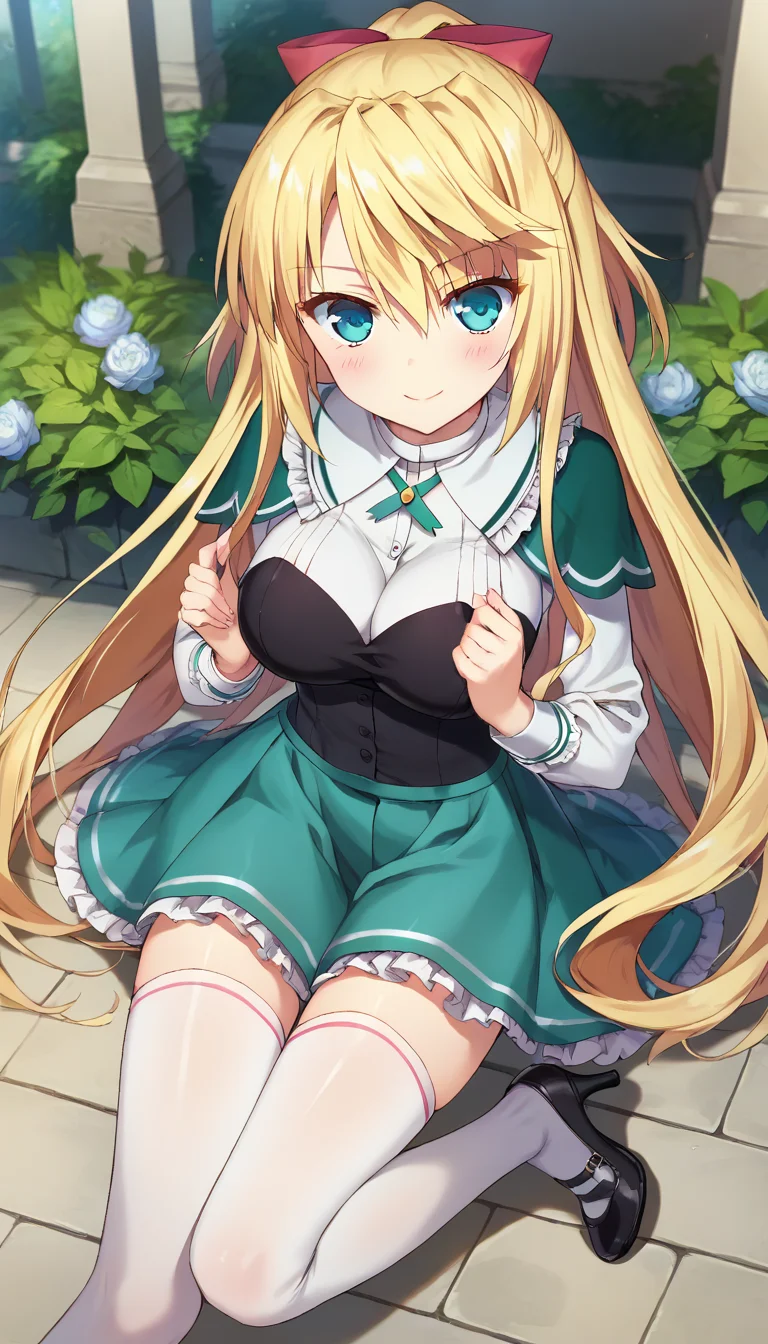 score_9,score_8_up,score_7_up,score_6_up BREAK official art,solo,outdoors,cowboy shot,looking at viewer,facing viewer,smile,blush,Lilith Bristol,very long hair,blonde hair,high ponytail,hime cut,hair ornament,hair bow,red bow,red hair ribbon,sidelocks,hair between eyes,bangs,blue eyes,green capelet,neck ribbon,green ribbon,white shirt,long sleeves,black bandeau,large breasts,buttons,green skirt,pleated skirt,frills,white thighhighs,zettai ryouiki,mary janes,black footwear,high heels,<lora:Lilith Bristol(ad)-Pony:1.6>,
