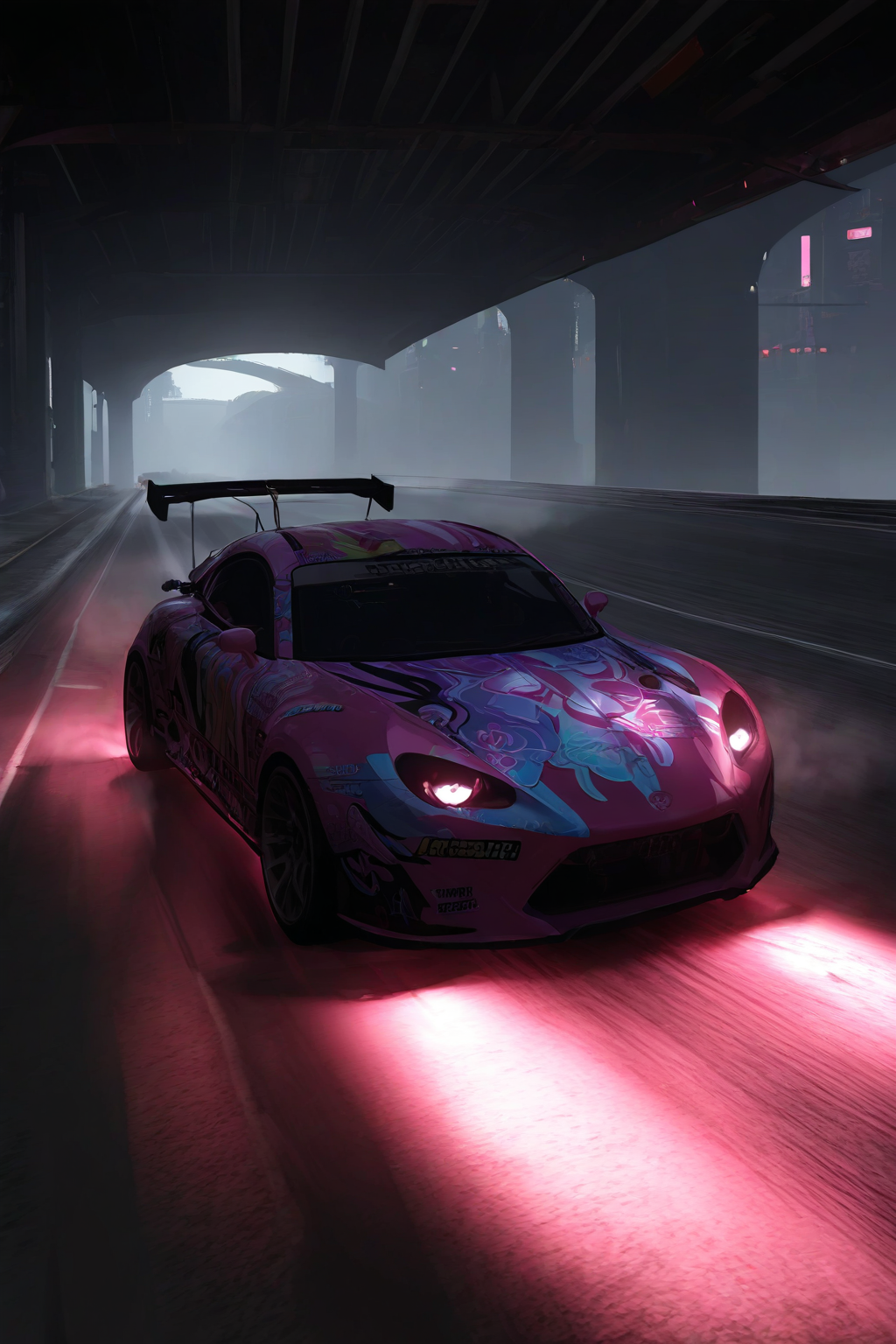 masterpiece, good quality, best quality, very awa, very as2, absurdres, highres, <lora:NOOB_vp1_detailer_by_volnovik_v1:1> realistic, 
<lora:GTA5CharilluLoRA:1>vehicle focus, sports car, pink neon lights under car, pink light, neon light, under car, driving, highway, speed lines, roting wheeles, smoke, headlights, from front, blurry foreground, dynamic pose,