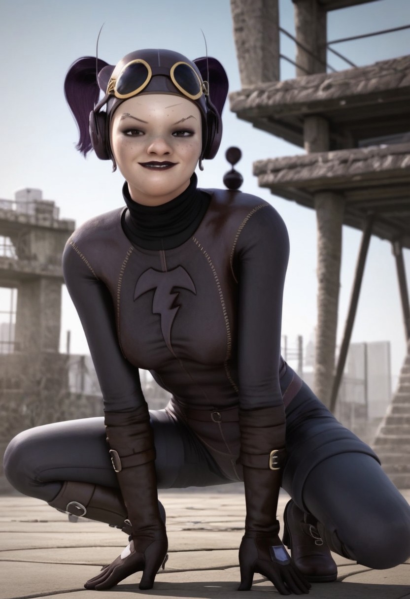 1girl, freckles, brown eyes, thin eyebrow tattoos, dark purple hair, dark lipstick, brown leather helmet, goggles on head, brown headphones, gloves, boots, turtleneck, black and brown bodysuit, realistic, score_8_up, score_7_up, BREAK, 1girl, solo, looking at viewer, eyes half closed, biting lips, female focus, looking at viewer, crouching, ninja pose, detailed background, 4k, masterpiece, best quality, highly detailed, 3d, full shot