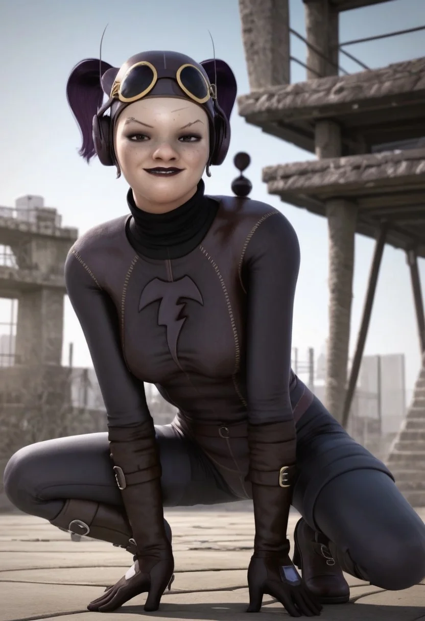 1girl, freckles, brown eyes, thin eyebrow tattoos, dark purple hair, dark lipstick, brown leather helmet, goggles on head, brown headphones, gloves, boots, turtleneck, black and brown bodysuit, realistic, score_8_up, score_7_up, BREAK, 1girl, solo, looking at viewer, eyes half closed, biting lips, female focus, looking at viewer, crouching, ninja pose, detailed background, 4k, masterpiece, best quality, highly detailed, 3d, full shot