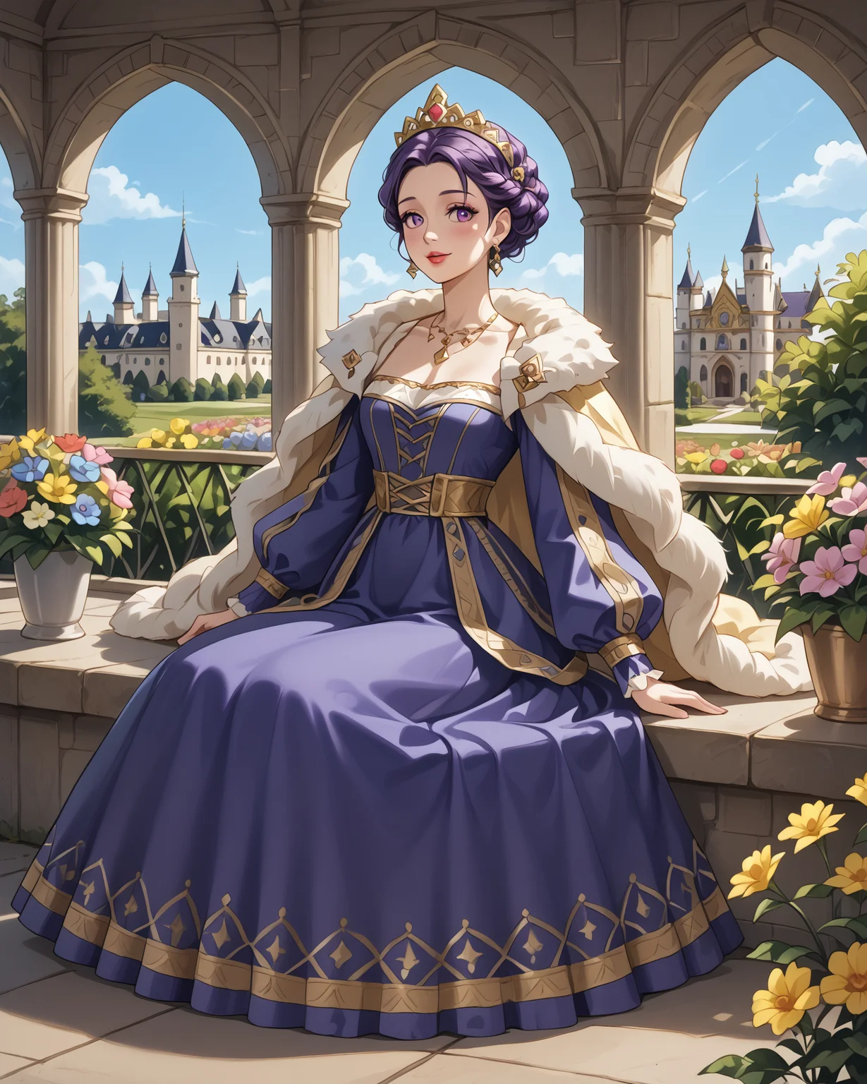 score_9, score_8_up, score_7_up, 1girl, wearing medfa, medfa clothing, sitting, castle garden, gazebo, (colorful cushions), purple and blue clothing, flowing skirt, voluminous skirt, fur trim, gold accents, flowers, summer day, extremely detailed clothing, jacquard fabric, complex embroidery, masterpiece, highest quality, absurdres, (extremely detailed,best quality:1.1), detailed face, detailed hair, digital art, anime, <lora:Medieval_Fashion_XL:1>, <lora:OtherStyle_08-Merge5_06_04_02_02:1>