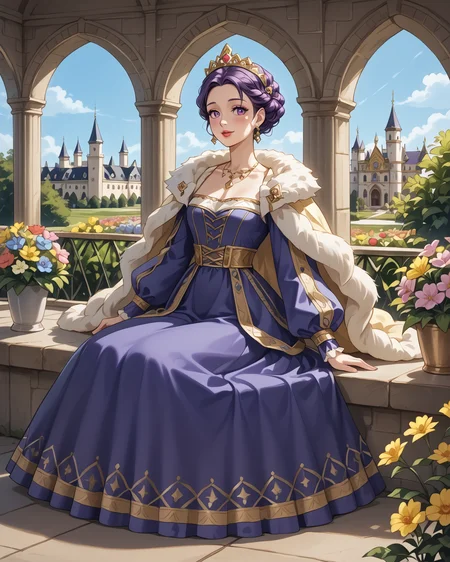 score_9, score_8_up, score_7_up, 1girl, wearing medfa, medfa clothing, sitting, castle garden, gazebo, (colorful cushions), purple and blue clothing, flowing skirt, voluminous skirt, fur trim, gold accents, flowers, summer day, extremely detailed clothing, jacquard fabric, complex embroidery, masterpiece, highest quality, absurdres, (extremely detailed,best quality:1.1), detailed face, detailed hair, digital art, anime, <lora:Medieval_Fashion_XL:1>, <lora:OtherStyle_08-Merge5_06_04_02_02:1>