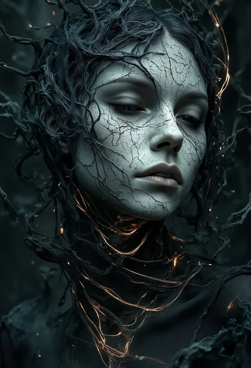 A photorealistic portrait of a Caucasian woman with elegant, delicate features. She has pale, smooth skin, blue-grey eyes that appear detached and hollow, and dark hair styled neatly. Her lips are pale, almost blending into her skin tone, creating a fragile and ethereal appearance. Black, transparent tendrils, intricate and otherworldly, emerge from the edges of the frame, weaving delicately around her face and neck. These tendrils are not smoke but appear as semi-solid, translucent ribbons of darkness, flowing unnaturally as if with their own intent. They pierce her skin in subtle places, where faint, glowing veins of soft light spread beneath her skin, marking the connection without overt grotesqueness.
The background is a simple, dimly lit room with a shallow depth of field, blurred into soft, neutral tones that do not distract from her. The lighting is cool and diffuse, resembling an overcast day, softly illuminating her face while casting gentle shadows. Her expression is gaunt and detached, as though lost in thought or connected to something unseen. The tendrils contrast sharply with her pale elegance, creating a surreal and unsettling juxtaposition while maintaining an overall sense of restrained beauty.
