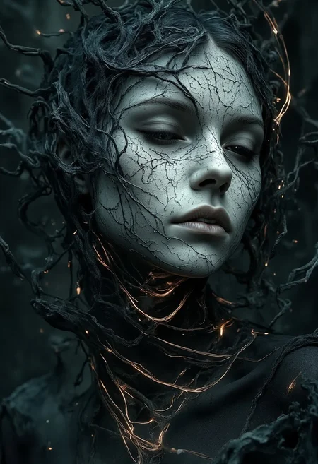 A photorealistic portrait of a Caucasian woman with elegant, delicate features. She has pale, smooth skin, blue-grey eyes that appear detached and hollow, and dark hair styled neatly. Her lips are pale, almost blending into her skin tone, creating a fragile and ethereal appearance. Black, transparent tendrils, intricate and otherworldly, emerge from the edges of the frame, weaving delicately around her face and neck. These tendrils are not smoke but appear as semi-solid, translucent ribbons of darkness, flowing unnaturally as if with their own intent. They pierce her skin in subtle places, where faint, glowing veins of soft light spread beneath her skin, marking the connection without overt grotesqueness.
The background is a simple, dimly lit room with a shallow depth of field, blurred into soft, neutral tones that do not distract from her. The lighting is cool and diffuse, resembling an overcast day, softly illuminating her face while casting gentle shadows. Her expression is gaunt and detached, as though lost in thought or connected to something unseen. The tendrils contrast sharply with her pale elegance, creating a surreal and unsettling juxtaposition while maintaining an overall sense of restrained beauty.