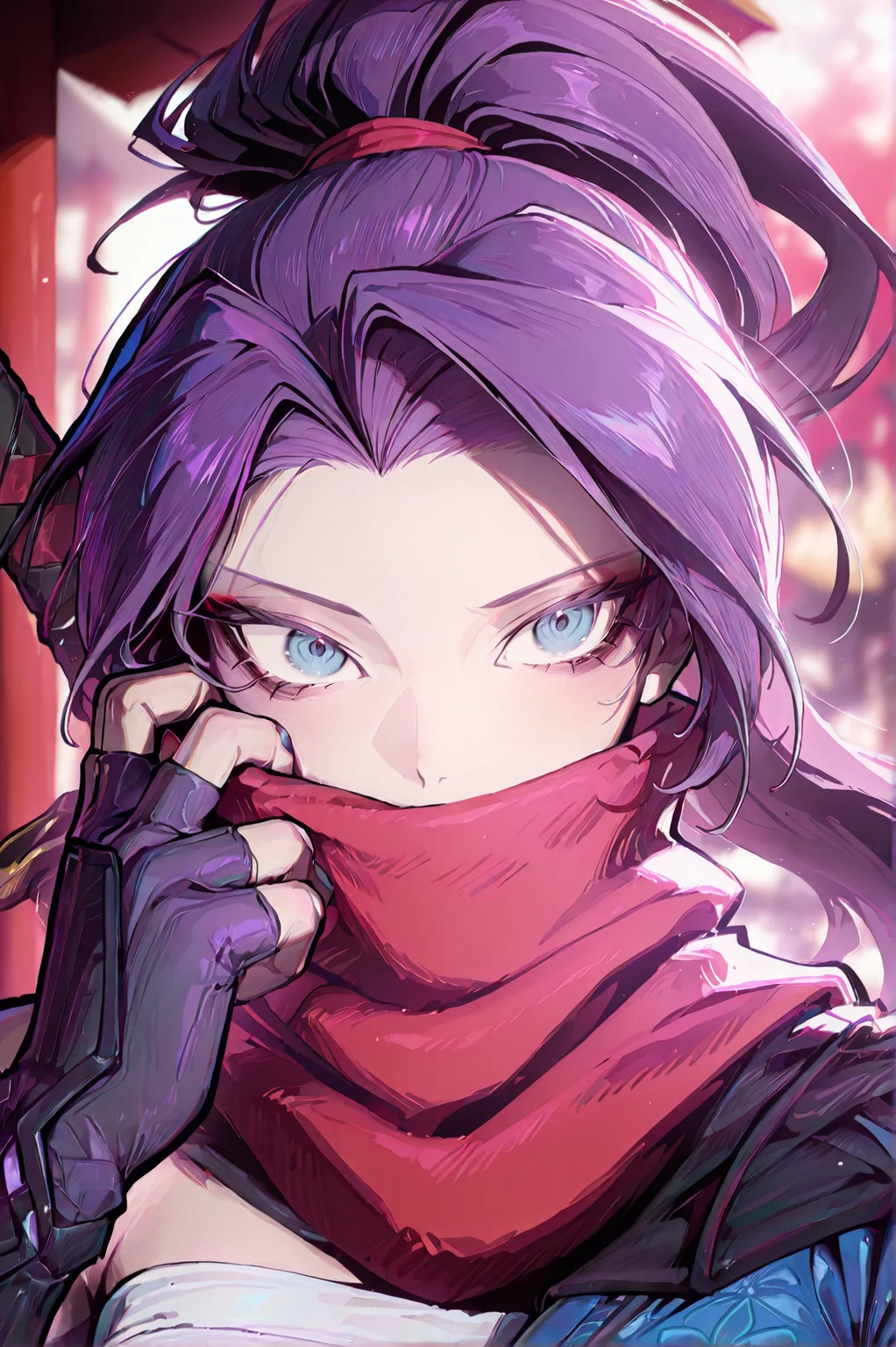 1girl, solo, (portrait:1.5), 30y, <lora:Psylockev1_Illu_Dwnsty:1> psylocke_mvr, blue eyes, purple hair, high ponytail, parted bangs, long hair, red scarf, scarf over mouth, japanese clothes, chest sarashi, kimono, sash, red belt, obi, single shoulder pad, fingerless gloves, arm guards, nail polish, blue nails, black footwear, blue thighhighs, sheath, weapon on back, blurry background, <lora:cgel-style-richy-v1_ixl:1>, <lora:princess_xl_v2:1>, <lora:illustrious_noobai_epsilon_pred_11_very_aesthetic_v1:1> masterpiece, best quality, very aesthetic, absurdres, <lora:illustrious_noobai_epsilon_pred_1_best_quality_v1:0.8> masterpiece, best quality, very aesthetic, absurdres, masterpiece, best quality, amazing quality, very aesthetic, absurdres, ultra-detailed, newest