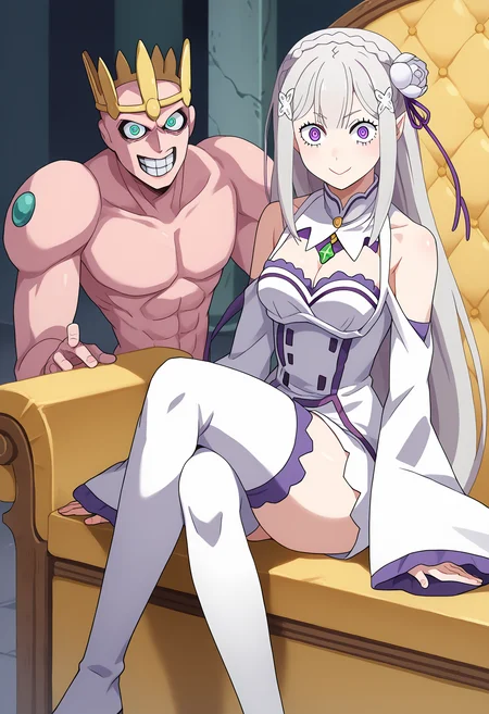 score_9, score_8_up, score_7_up, source_anime,
BREAK
<lora:shiEmiliaV2:1> shimilia, long hair, grey hair, purple eyes, pointy ears, crown braid, hair flower, hair ribbon, purple ribbon, x hair ornament, white dress, cleavage, bare shoulders, wide sleeves, white thighhighs, thigh boots,
sitting, crossed legs, looking at viewer, crazy eyes, crazy smile,
<lora:shiJojoStandV2:1>, shijojostand, stand \(jojo\), 1other,