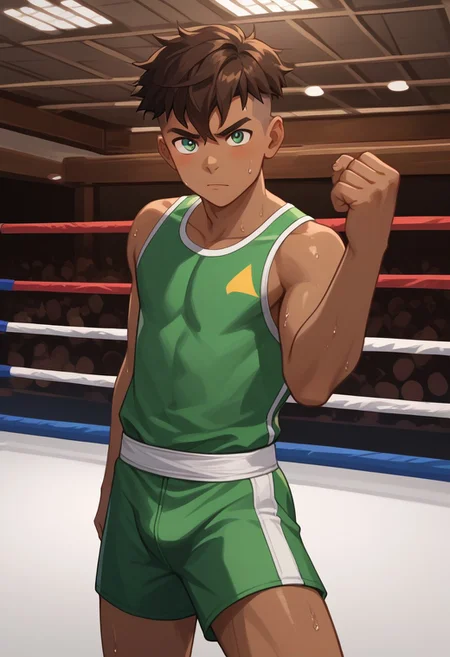score_9, score_8_up, score_7_up, zPDXL3, source_anime, masterpiece, newest, 1boy, solo, male focus, Kai, Brown Hair, Undercut, Green Eyes, Brown Skin, dark skin, sweat, fighting pose, fighting stance, martial arts, wrestling, body hair, wrestling singlet, wrestling suit, green suit, slim, cowboy shot, looking at viewer, intricate details, anime screencap, cel shading, black outline, perfect face, shiny skin, dynamic pose, posing, model, wrestling ring, gymnasium, indoors,
