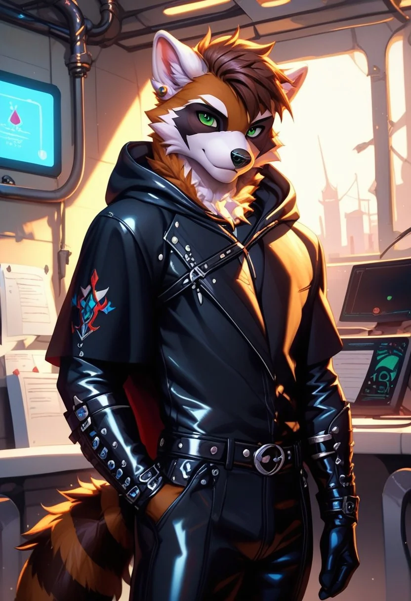score_9, score_8_up, score_7_up,score_9, score_8_up, score_7_up, ((cowboy shot)), ((inside hospital)), standing, BREAK, ((High fantasy art style)), solo, male, anthro raccoon, black hooded cloak, (black leather breastplate), black leather greaves, black leather pauldrons, black leather boots, brown hair, ((detailed green eyes)), ((Masterpiece), (absurdres), (shadowy), (mysterious)