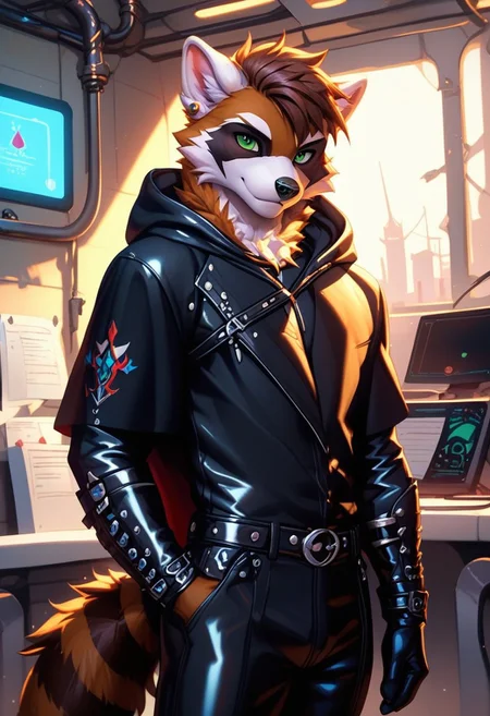score_9, score_8_up, score_7_up,score_9, score_8_up, score_7_up, ((cowboy shot)), ((inside hospital)), standing, BREAK, ((High fantasy art style)), solo, male, anthro raccoon, black hooded cloak, (black leather breastplate), black leather greaves, black leather pauldrons, black leather boots, brown hair, ((detailed green eyes)), ((Masterpiece), (absurdres), (shadowy), (mysterious)