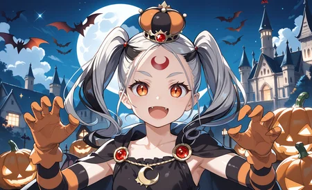 score_max, (score_9, score_8_up, score_7_up:1.2), score_6_up, official art, source_anime,
, masterpiece, absurdres, high detail, 8k,
night, halloween, crescent moon, bat, ghost, sparkle, shadow castle, pumpkin, candy cane, candy, upper body,
claw pose, evil smile, open mouth, fang, :d,
nymph, forehead mark, two-tone hair, twintails, bodypaint, striped, white skin, crown, black dress, collarbone, black cape, gold trim, orange gloves, elbow gloves, gem, ornament,
<lora:XL_Pony_MGCM-nymph-t1:1>