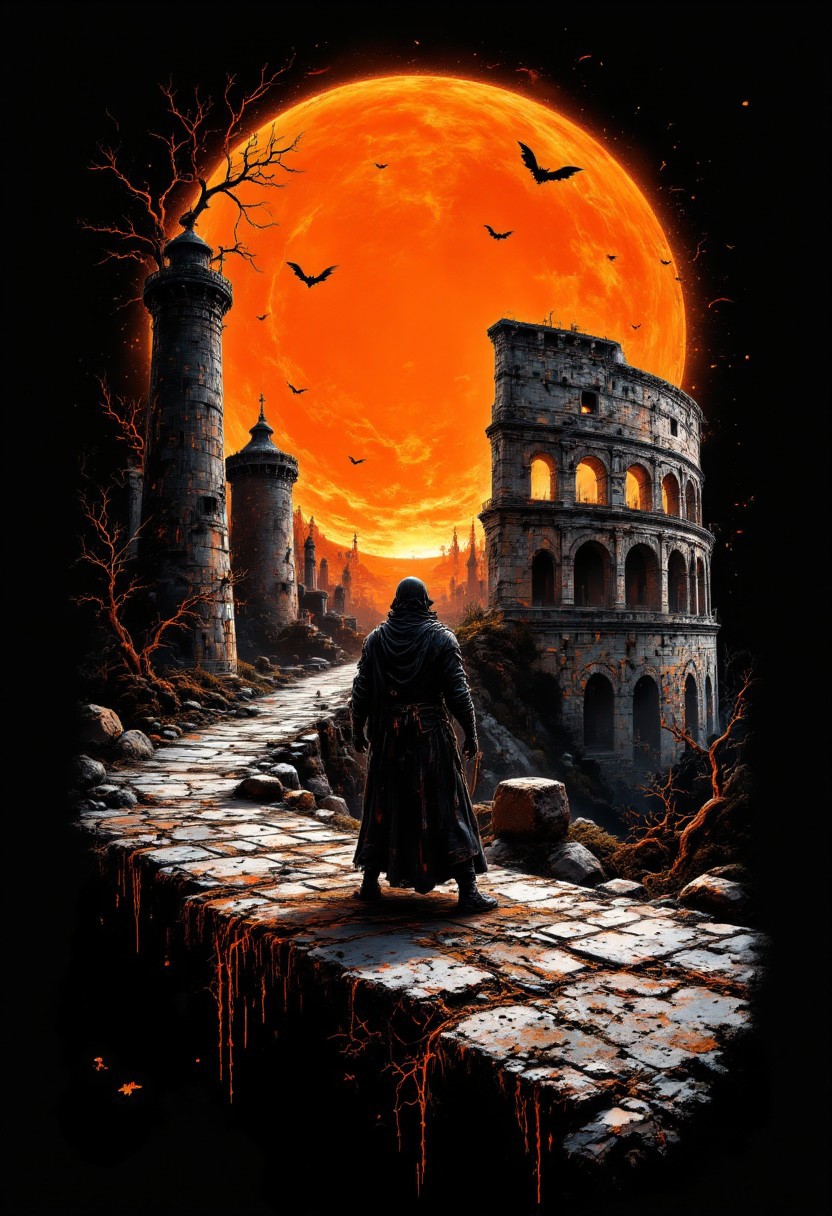 A graphic illustration, black and white, of a gladiator in a colloseum and a brilliant orange Sun, Halloween Theme. d1eselc0re  gl1tchc0re aidmasoftglow