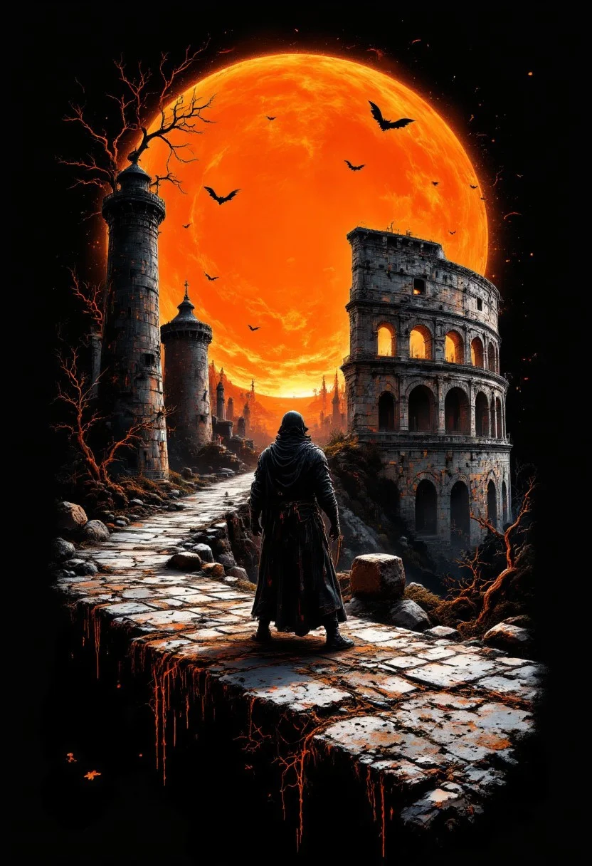 A graphic illustration, black and white, of a gladiator in a colloseum and a brilliant orange Sun, Halloween Theme. d1eselc0re gl1tchc0re aidmasoftglow