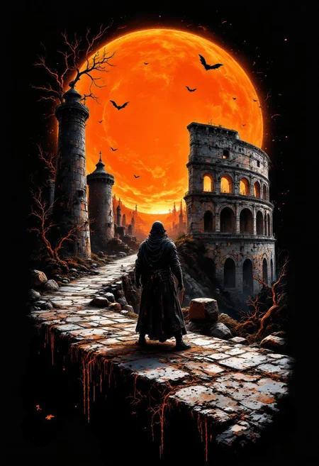 A graphic illustration, black and white, of a gladiator in a colloseum and a brilliant orange Sun, Halloween Theme. d1eselc0re gl1tchc0re aidmasoftglow