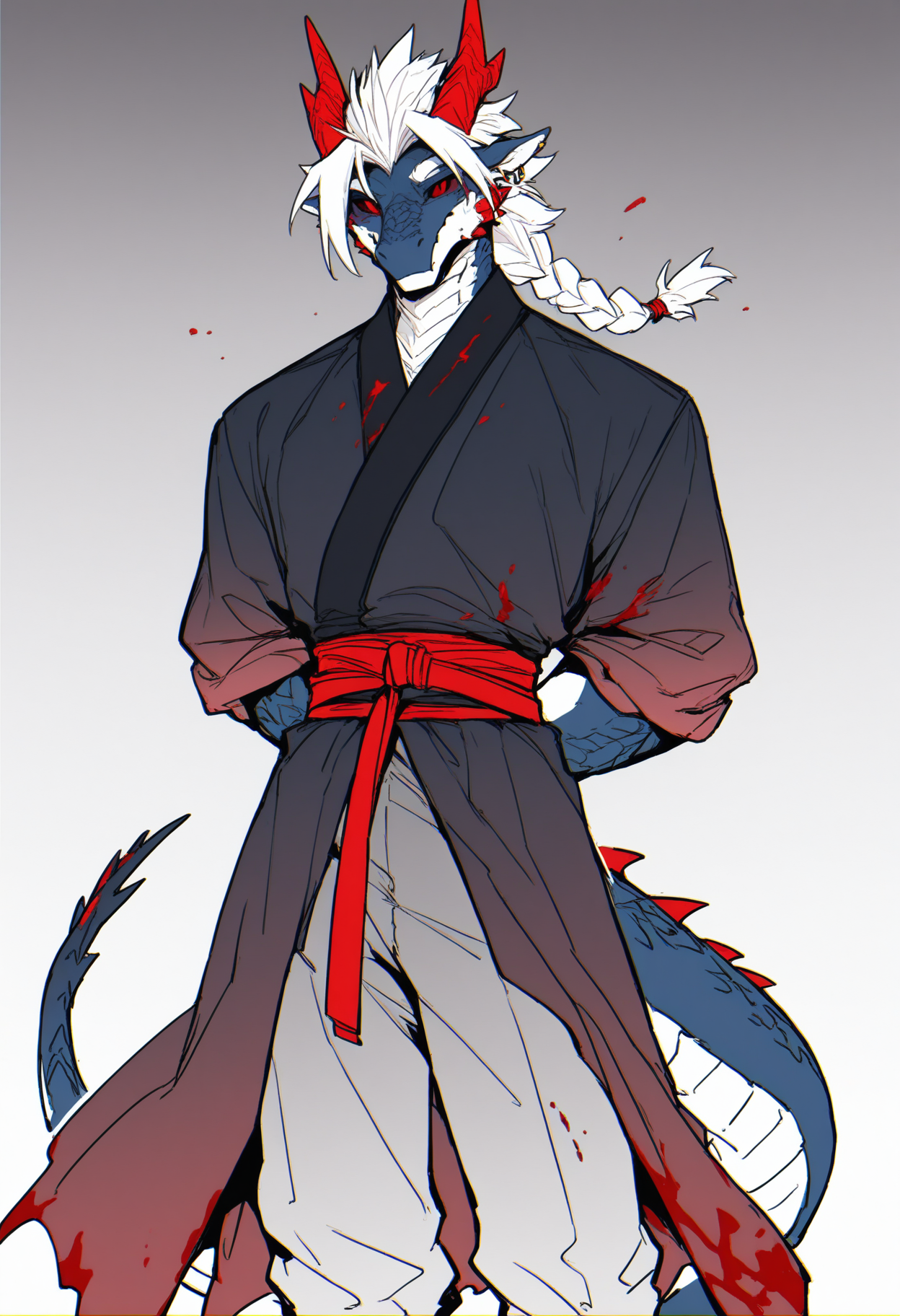 masterpiece,best quality,<lora:p65fn-RASF-000050:1> ,chromatic aberration, line art, 
p65fn, dragon boy, horns, 1boy, furry male, tail, dragon tail, furry, male focus, dragon horns, braid, arms behind back, solo, white background, white hair, simple background, red eyes, colored sclera, scales, colored skin, braided ponytail, blood on clothes, single braid, red belt, ear piercing, pants, looking at viewer, piercing, red horns, feet out of frame,hanfu, muscular, gradient clothes,dark clothing,