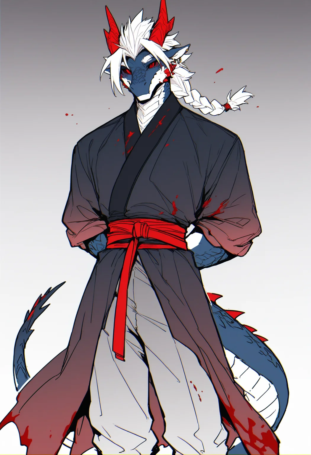 masterpiece,best quality,<lora:p65fn-RASF-000050:1> ,chromatic aberration, line art,
p65fn, dragon boy, horns, 1boy, furry male, tail, dragon tail, furry, male focus, dragon horns, braid, arms behind back, solo, white background, white hair, simple background, red eyes, colored sclera, scales, colored skin, braided ponytail, blood on clothes, single braid, red belt, ear piercing, pants, looking at viewer, piercing, red horns, feet out of frame,hanfu, muscular, gradient clothes,dark clothing,