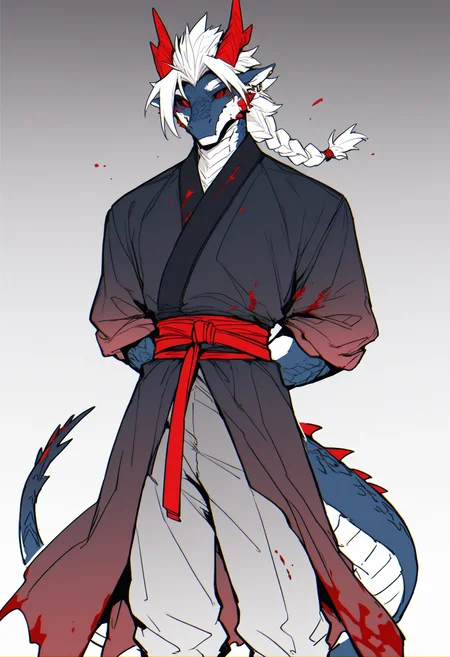 masterpiece,best quality,<lora:p65fn-RASF-000050:1> ,chromatic aberration, line art,
p65fn, dragon boy, horns, 1boy, furry male, tail, dragon tail, furry, male focus, dragon horns, braid, arms behind back, solo, white background, white hair, simple background, red eyes, colored sclera, scales, colored skin, braided ponytail, blood on clothes, single braid, red belt, ear piercing, pants, looking at viewer, piercing, red horns, feet out of frame,hanfu, muscular, gradient clothes,dark clothing,