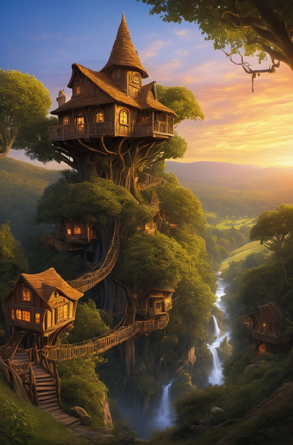 valley, fairytale treehouse village covered, , matte painting, highly detailed, dynamic lighting, cinematic, realism, realistic, photo real, sunset, detailed, high contrast, denoised, centered, michael whelan