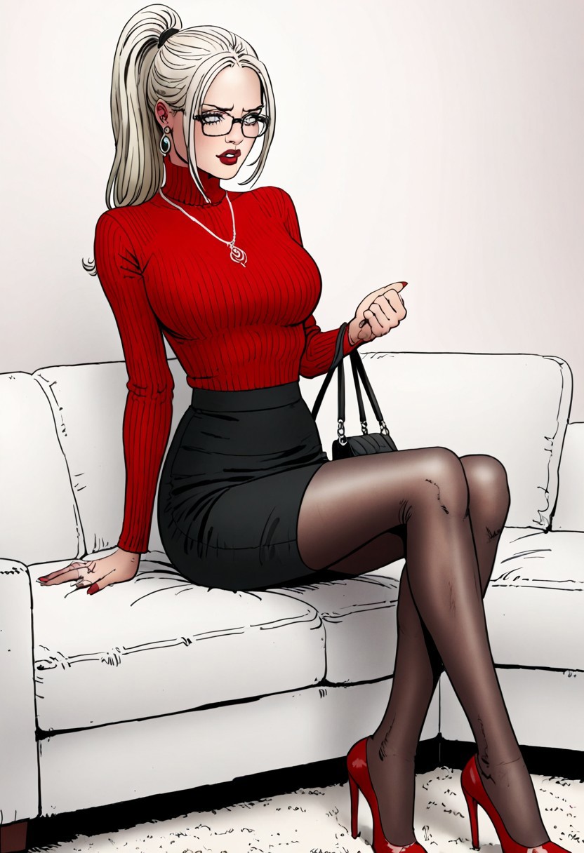score_9, score_8_up, score_7_up, score_6_up, adult beautiful woman,   (chiaroscuro lighting)  source_cartoon,   f3rn4nd0, (line art)
(solo)
1girl,
 (FerCh@s)
sitting on couch, 
large breasts, 
flirty, blushing, 
 blonde hair, 
ponytail hair, 
black skirt, 
 pencil skirt,
turtleneck
red sweater,
pantyhose, 
red footwear
high heels
holding handbag, 
glasses,
 jewelry, 
necklace, 
earrings