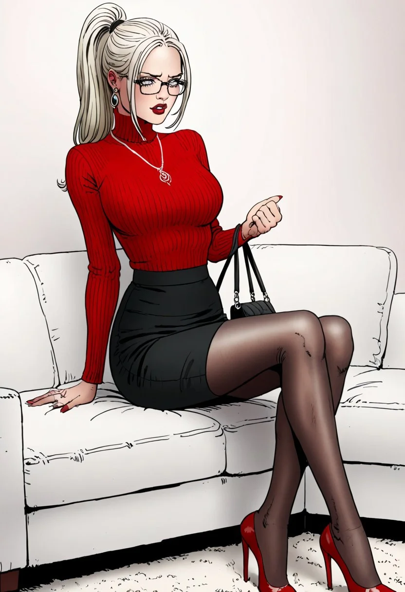 score_9, score_8_up, score_7_up, score_6_up, adult beautiful woman, (chiaroscuro lighting) source_cartoon, f3rn4nd0, (line art)
(solo)
1girl,
(FerCh@s)
sitting on couch,
large breasts,
flirty, blushing,
blonde hair,
ponytail hair,
black skirt,
pencil skirt,
turtleneck
red sweater,
pantyhose,
red footwear
high heels
holding handbag,
glasses,
jewelry,
necklace,
earrings