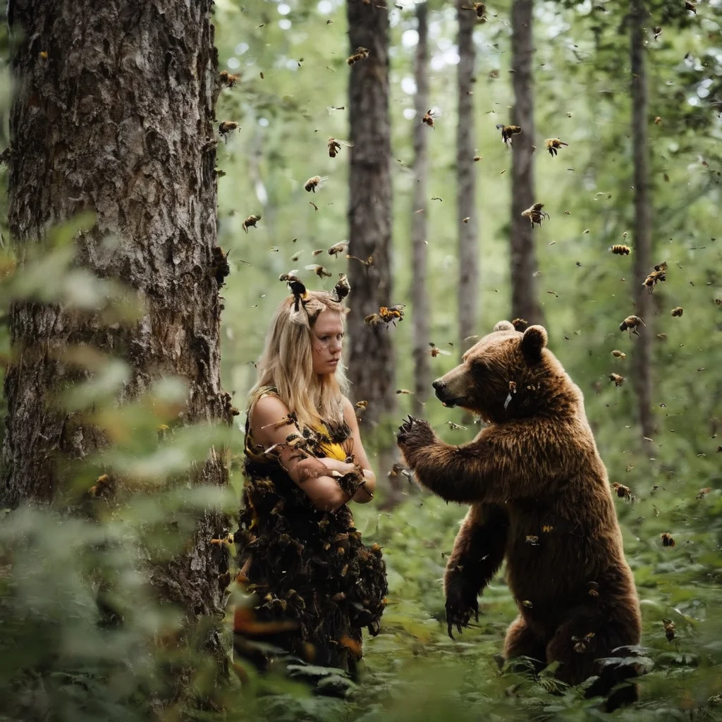 woman and bear in the forest bee <lora:SDXL_bee_Sa_May_V11:1>