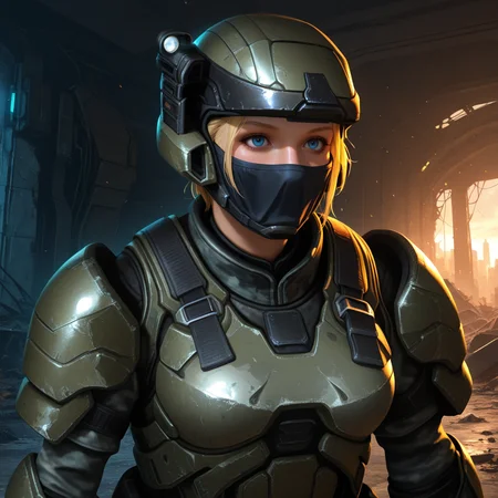 Masterpiece, high-res, 2k, best quality, 2.5d, realistic, 1 girl , fem marine, helmet, headlight , armor, blonde hair, blue eyes , realistic, military, gray camouflage, black balaclava, face cover , scifi , medium shot, in a destroyed city<lora:fem_marine_illus-000049:1>