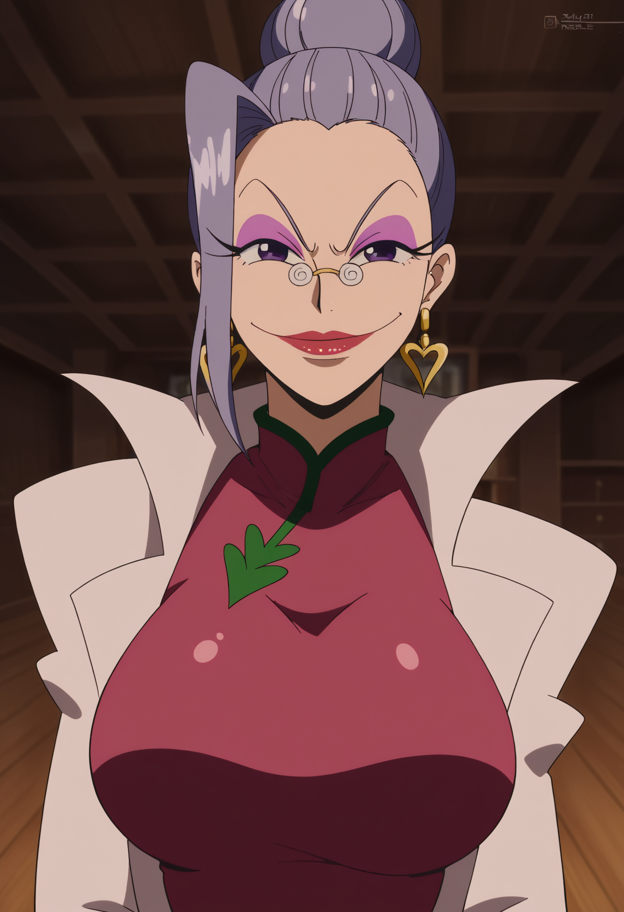 <lora:Nightin-One_Piece_3D2Y:0.8>,Nightin,mature female,1girl,solo,earrings,glasses,lipstick,makeup,purple eyes,purple hair,large breasts,dress,labcoat,upper body,looking at viewer,indoors,smile