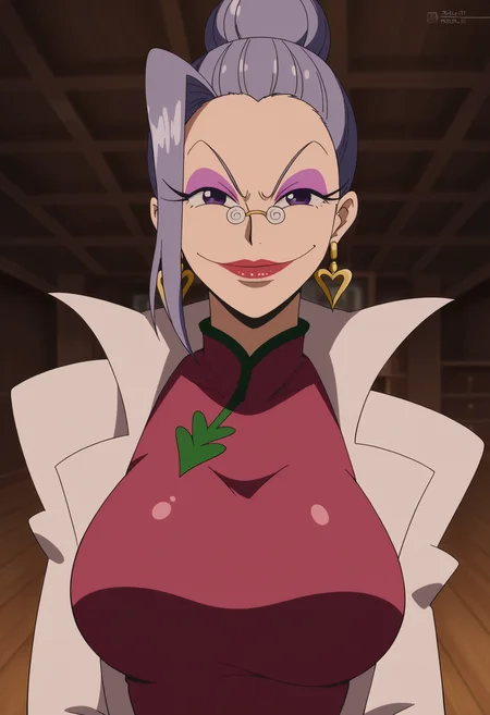 <lora:Nightin-One_Piece_3D2Y:0.8>,Nightin,mature female,1girl,solo,earrings,glasses,lipstick,makeup,purple eyes,purple hair,large breasts,dress,labcoat,upper body,looking at viewer,indoors,smile
