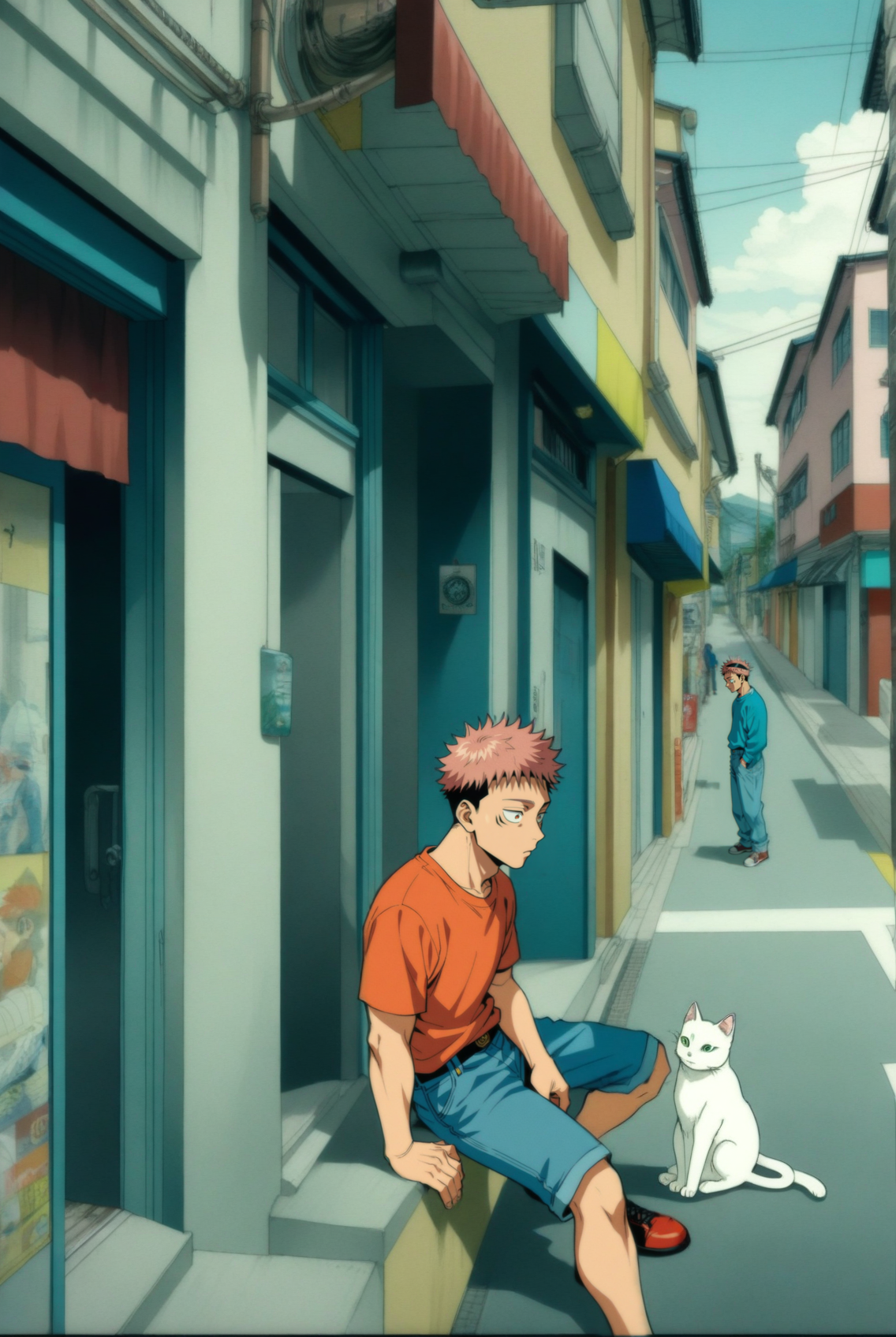 1boy, male focus, itadori yuuji, jujutsu kaisen , (90s anime style:1.5), front view, outdoors, street view, (looking down:1.3), perfecteyes, shirt, denim shorts, (a single white cat sitting next to them) <lora:detailed_notrigger:1> <lora:ParchartXL_CODA:0.2> <lora:Isometric Cutaway:1> <lora:PerfectEyesXL:1> <lora:Surreal Harmony:0.2>