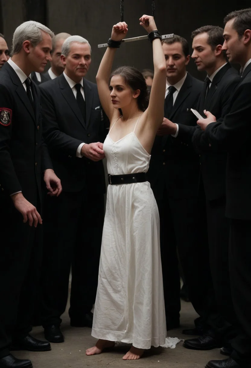 Realistic, documentary, BDSM photography, A woman is being held back by several men who are gripping her arms, possibly pinning them behind her, preventing her from resisting, A few men physically restrain a woman, holding her arms, behind her back, making it impossible for her to defend herself, rendered in yperrealistic photo, with extremely high-resolution details, full body shot.