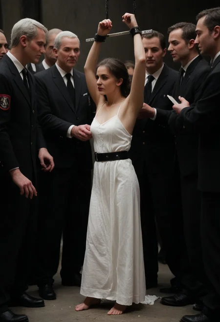 Realistic, documentary, BDSM photography, A woman is being held back by several men who are gripping her arms, possibly pinning them behind her, preventing her from resisting, A few men physically restrain a woman, holding her arms, behind her back, making it impossible for her to defend herself, rendered in yperrealistic photo, with extremely high-resolution details, full body shot.