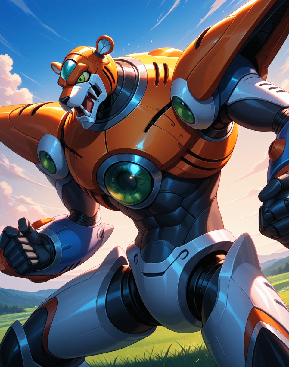 <lora:Neon_Tiger_(Mega_Man_X)_(Illustrious)_(AD):1> Neon Tiger, reploid, MMX, 
exterior, sky with clouds, grassy valley,
male focus, intense shadows, dynamic shadows, intricate details, attention to details, gradient coloring, bright vivid colors, robot, bent leg, glossy metal body, cowboy shot, abs, orange and pink and blue armor, 
BREAK very awe, masterpiece, best quality, amazing quality, very aesthetic, highres, absurdres, photographic realism, 8K CGI render,
EZRealPONYXL, zPDXL, Smooth Quality, lazynsfw,
