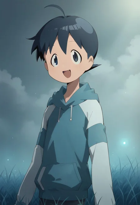 score_9, score_8_up, score_7_up, source_anime, 1boy, solo, fuyuki hinata, dark blue hair, short hair, dark blue eyes, ahoge, smile, open mouth, hood, hoodie, long sleeves, Cornfield abduction, Spectral lights, A hovering spaceship, outdoors
<lora:AlienAbduction01-00_CE_SDXL_64x32x120x2bOT:1> alnabdctnCE style