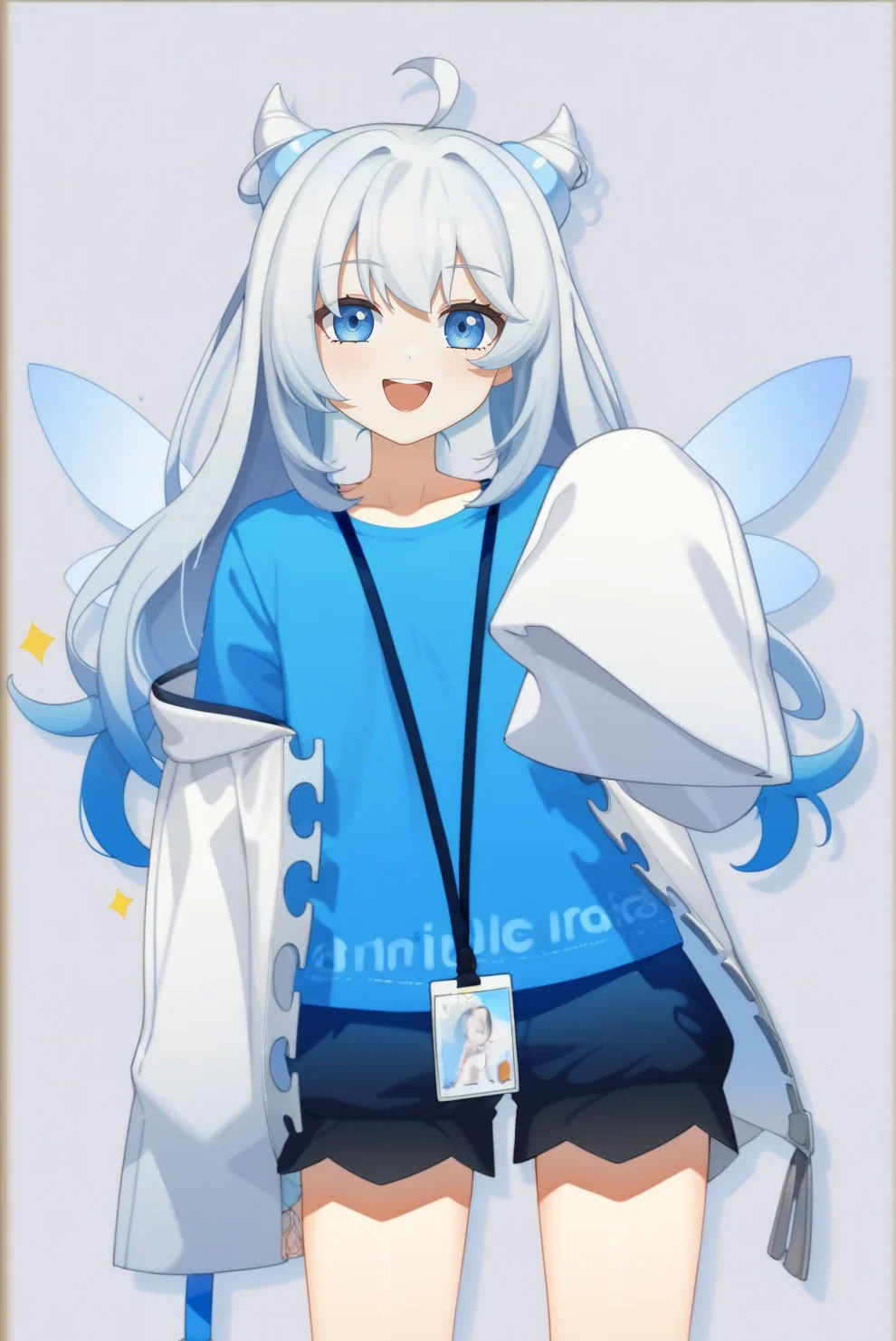 1girl,solo,blue eyes,blue shirt,id card,blue hair,long hair,shirt,shorts,wings,looking at viewer,smile,ahoge,sleeves past fingers,hair bun,sleeves past wrists,white hair,black shorts,cone hair bun,open mouth,long sleeves,bangs,upper body,(white background:1.2),