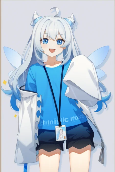 1girl,solo,blue eyes,blue shirt,id card,blue hair,long hair,shirt,shorts,wings,looking at viewer,smile,ahoge,sleeves past fingers,hair bun,sleeves past wrists,white hair,black shorts,cone hair bun,open mouth,long sleeves,bangs,upper body,(white background:1.2),
