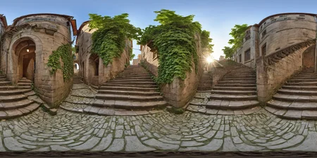 360panorama,Staircase leading to a building,Ascending,Early morning deserted,Weathered stone steps historical architecture,Golden hour light,Non-applicable,Realistic with a touch of nostalgia,Digital art,Architectural Illustration,Warm tones with hints of green from surrounding foliage,3D CGI,4K resolution,<lora:HMSG360è¡éXL-000006:1>,