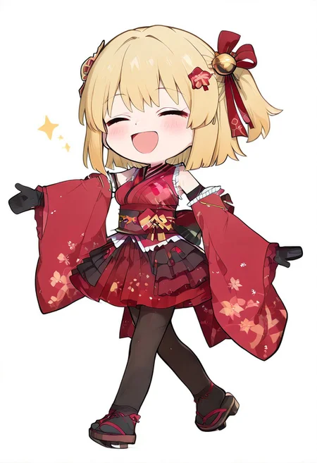 great quality,1girl,solo, (almic:0.9),(ogipote,akakura:0.8),(sofra,sincos:0.6),(karyln,momisan:0.9),cartoon Style, chibi,walking,blonde hair, smile,smile closed eyes,open mouth,:d,detached sleeves, japanese clothes, (oner bell hairornament:0.9),ribbon hair ornament,black gloves,, black pantyhose,red kimono, black frilled skirt, white frills in sleeves, white frills derss,