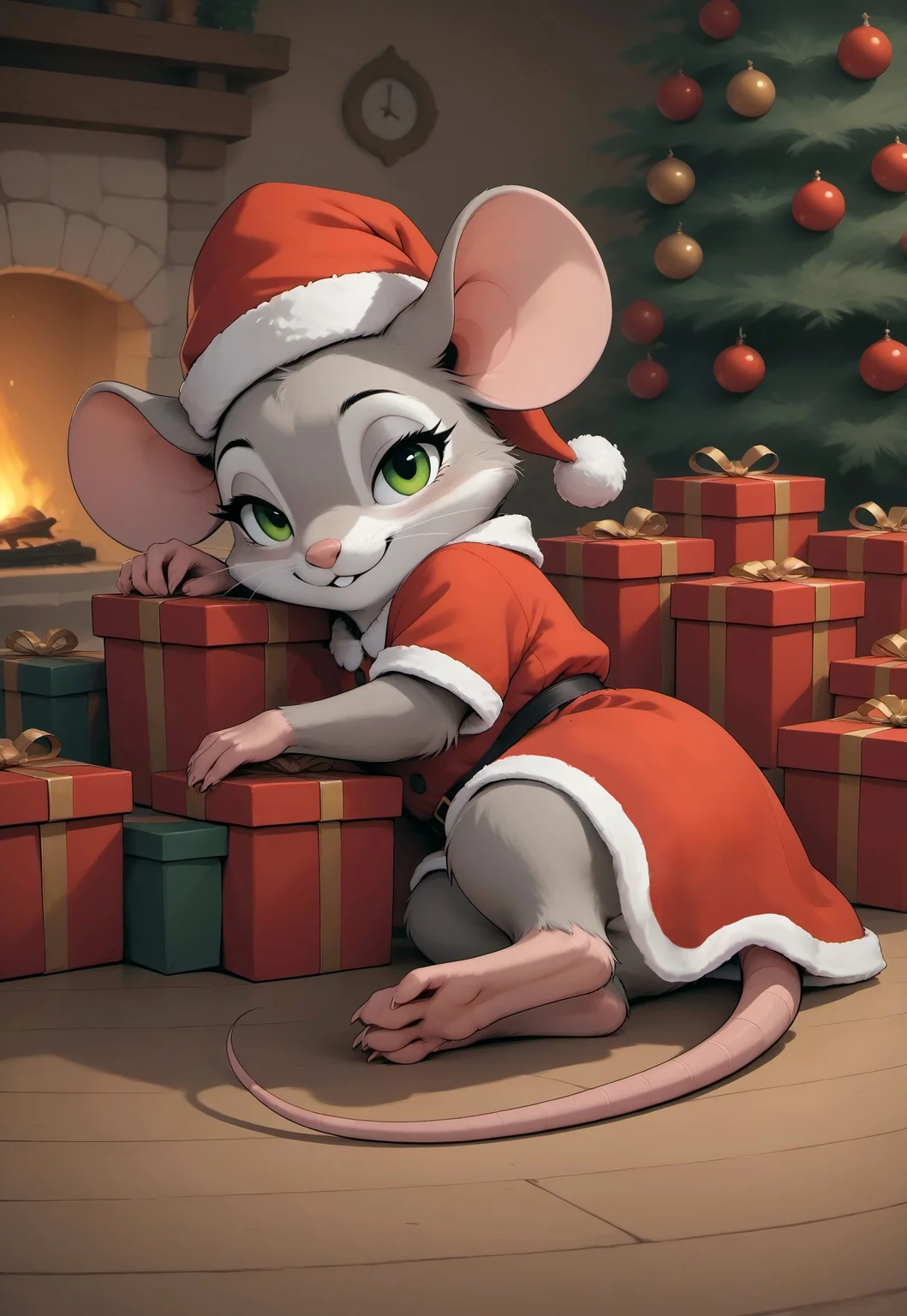 score_9, score_8_up, score_7_up, score_6_up, score_5_up, score_4_up, (mouse lying under a Christmas tree), 
[][][][][], 
m0use_goldie, 
[][][][][], 
cute, (grey fur, green eyes), (red Christmas dress, Santa hat), (cute), (mistletoe), side view, (lying on side), (fireplace, Christmas tree:1.5), (cottage:1.2), (high angle view:0.8), long tail, bedroom eyes, (holding Christmas present),