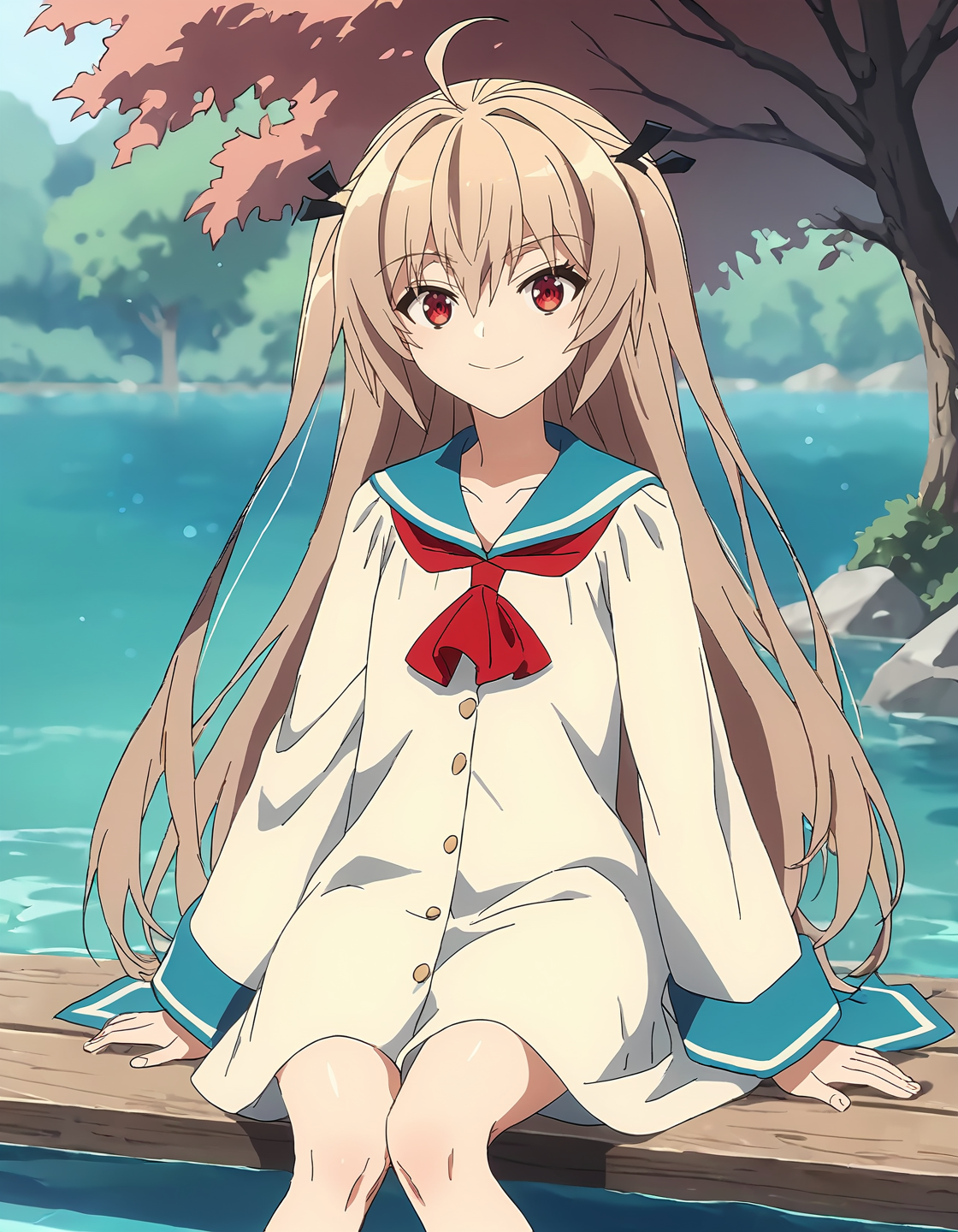 score_9, score_8_up, score_7_up, score_6_up, score_5_up, score_4_up, source_anime, <lora:ATRI_T1V1:0.90>, <lora:sdxl_lightning_8step_lora:1>, 
1girl, solo, anime screencap,
ATRI_T1V1, light brown hair, long hair, two side up, hair between eyes, ahoge, red eyes, 
hair black ribbon, eyes visible through hair, 
school uniform, sailor dress, white dress, long sleeves, wide sleeves, blue sailor collar, red neckerchief, 
sitting, soaking feet, leaning back, 
looking at viewer, smile, closed mouth, 
outdoors, nature, river, tree,