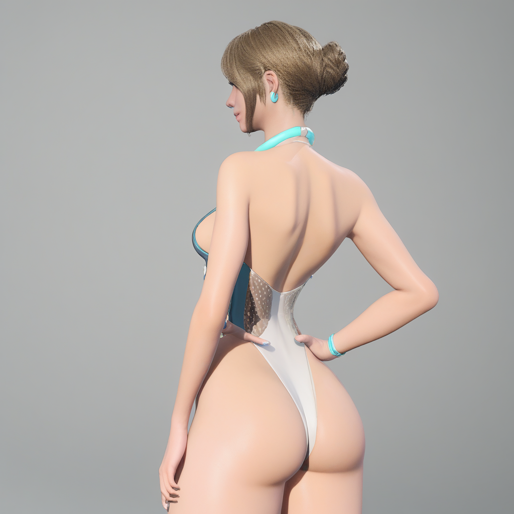 hair bun, leotard, highleg swimsuit, black eyes, standing, portrait, short hair, from side, high heels, breasts, back, brown hair, looking at viewer
