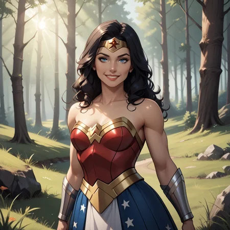 score_9, score_8, BREAK, 1woman,black hair,long hair,blue eyes,wonder woman, sexy pose, self portrait, smile, outdoors, sunlight, shadows, evening lighting, natural lighting, forest, trees, grass, orange sky, sunset