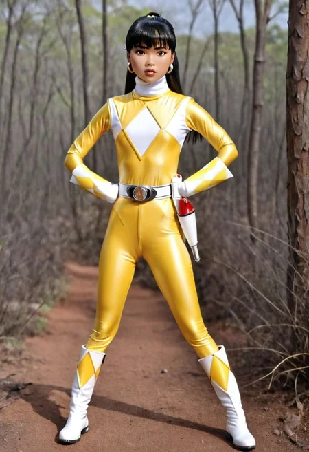figurine, Trini Kwan, alone, long black straight ponytail hair, fringe, bangs, it's morphin time, helmetless, yellow power ranger, uniform, yellow catsuit, white turtleneck collar, white gloves boots belt, red holstered weapon, neutral facial expression, large chunky steel hoop earrings, in action, facing camera, looking at viewer