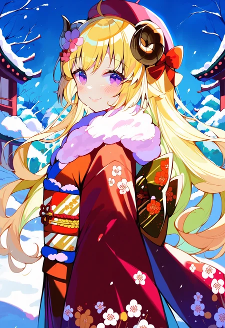 score_9, score_8_up, score_7_up, score_6_up, source anime,
tsunomaki watame, sheep girl, curled sheep horns, 1girl, solo, sheep ears, kimono, japanese clothes,
blonde hair, very long hair,
looking at viewer, purple eyes, smile,
hair ornament, hat, blush, obi, ahoge, sash, hair flower, floral print, beret, red kimono, bow, flower, wide sleeves, long sleeves, red bow, fur trim, hair bow,
outdoors, snow, from side,
tsunomaki newyear
<lora:monmusu_sheep_girl_v14:1>