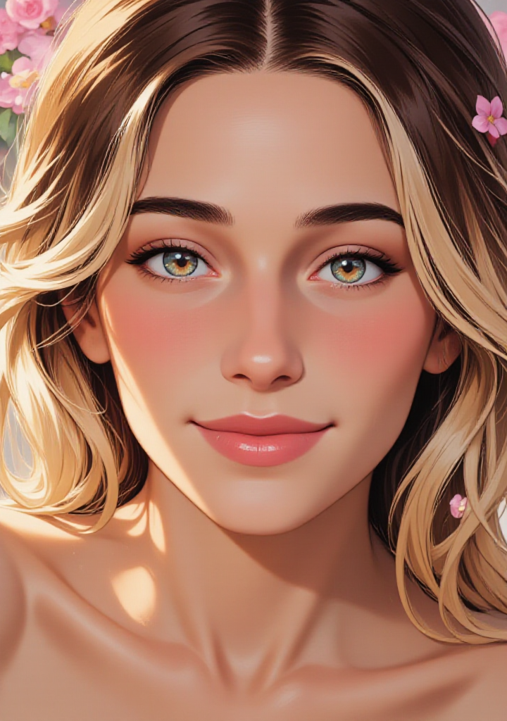 A vivid illustration of a beautiful woman with focus on her face. Her eyes sparkle with delight, and her lips are painted a perfectly pink shade. She smiles gently at the viewer, and her blonde and brown hair cascades around her face.
The image style is contemporary with fantasy elements, emphasizing the interplay of light and shadow.