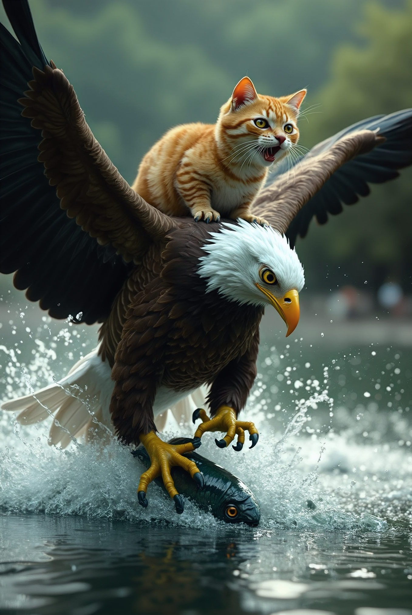 A surreal and hyper-realistic scene capturing the dramatic moment an eagle's talons grip a fish near the water's surface, with water droplets and splashes creating a dynamic and visually stunning effect. (Perched on the eagle’s back is a small cat, riding majestically as the powerful eagle:1.4), wings spread wide and feathers detailed in sharp clarity, contrasts against the glistening water. The cat's fur ripples in the wind, its eyes focused ahead as it rides with confidence. The scene is illuminated with soft, dreamlike lighting, enhancing the dramatic action and adding a whimsical touch to this captivating, award-winning photograph.