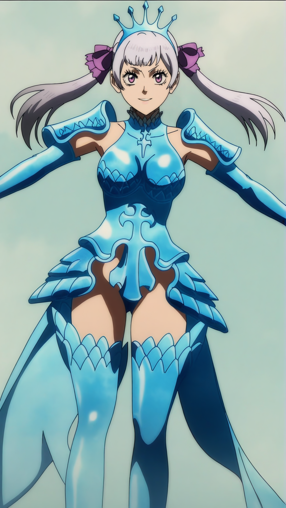 source_anime, score_9, score_8_up, score_7_up, anime screencap, high quality, 8k, absurdres, official style, 1girl, solo,<lora:Noelle_Silva_Spade:0.8>, noelle silva, silver hair, purple eyes, spade arc, long hair, twintails, hair bow, purple bow, valkyrie armor, breasts, armor, crown, wings, thighhighs, gloves, boots, high heels, thigh boots, blue theme, elbow gloves, looking at viewer, smile,