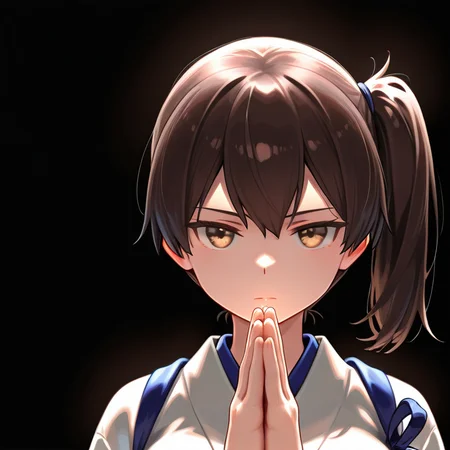 1girl,solo,upper body,<lora:IL_aisatsu_meme:1>,nin_sly,aisatsu,own hands together,straight-on,
focused,elbows up,serious,
<lora:Unfazed - Illustrious character enhancer:0.5>,kantai_collection,kaga (kancolle),kantai collection,black background,simple background,, masterpiece,best quality,amazing quality,very aesthetic,absurdres,