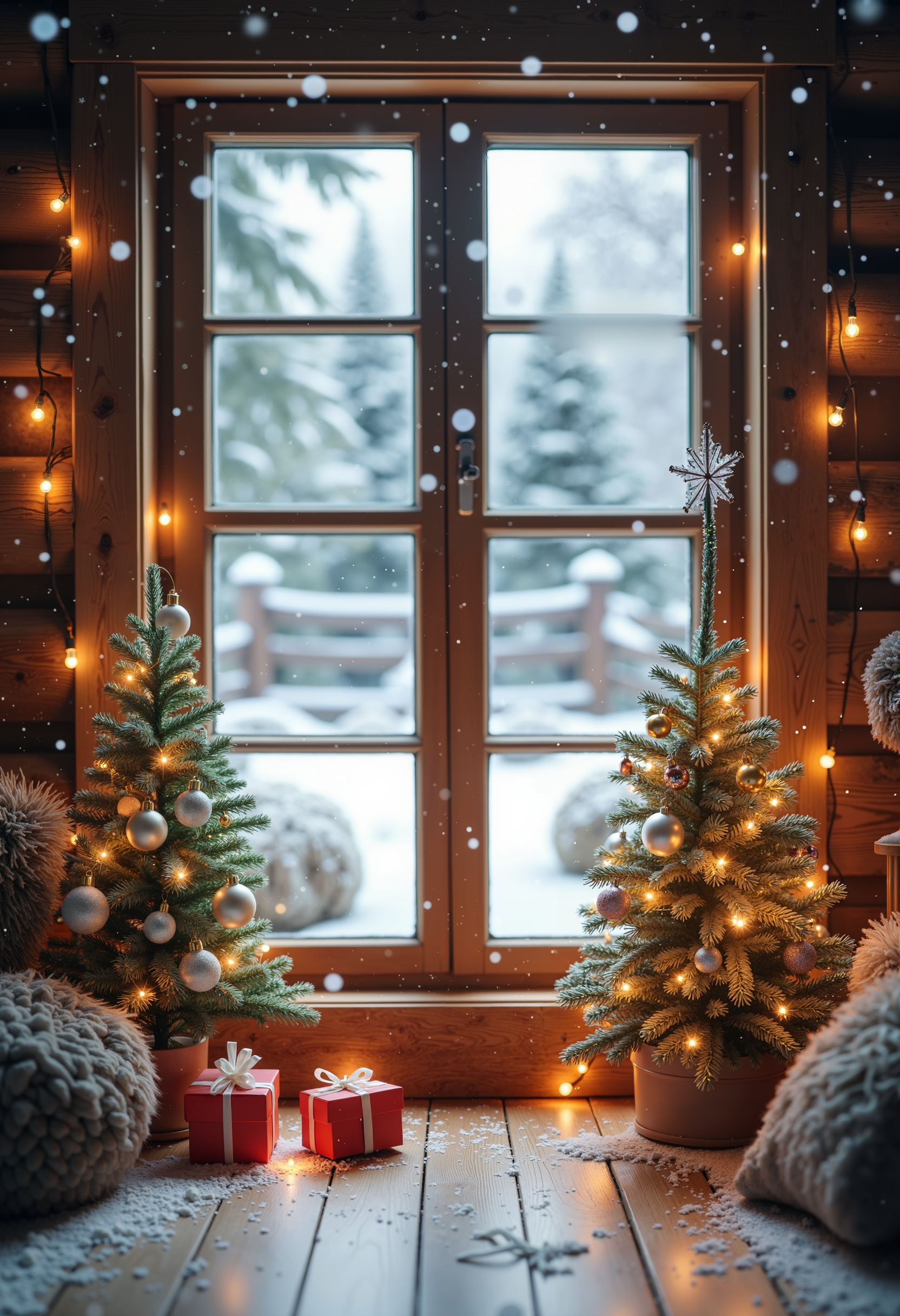 bo-christmas, christmas mood, a photograph depicting a cozy, wintery scene set in a wooden room with a large, double-paned window in the center, through which snowflakes gently fall, the window frames a view of a snowy landscape with snow-covered trees and a wooden fence in the background, illuminated by warm, fairy-tale lights, the scene is bathed in a soft, diffused light, creating a serene yet festive atmosphere, in front of the window, there are two small, decorated christmas trees adorned with white and gold ornaments, and a red gift box with a white ribbon tied around it, placed on a wooden floor, the floor is made of light-colored wood planks, adding to the rustic ambiance, the overall mood is one of warmth and tranquility, with a focus on the natural beauty of the scene, the photograph captures the essence of a winter wonderland, with the snow falling gently, adding a sense of serenity and warmth to the space, the textures are soft and muted, enhancing the cozy, nostalgic feel of the image, high quality, ultra detailed, colorful, abstract, fantasy.<lora:Flux\boFLUX Christmas Dreams.safetensors:1.0:1.0>
