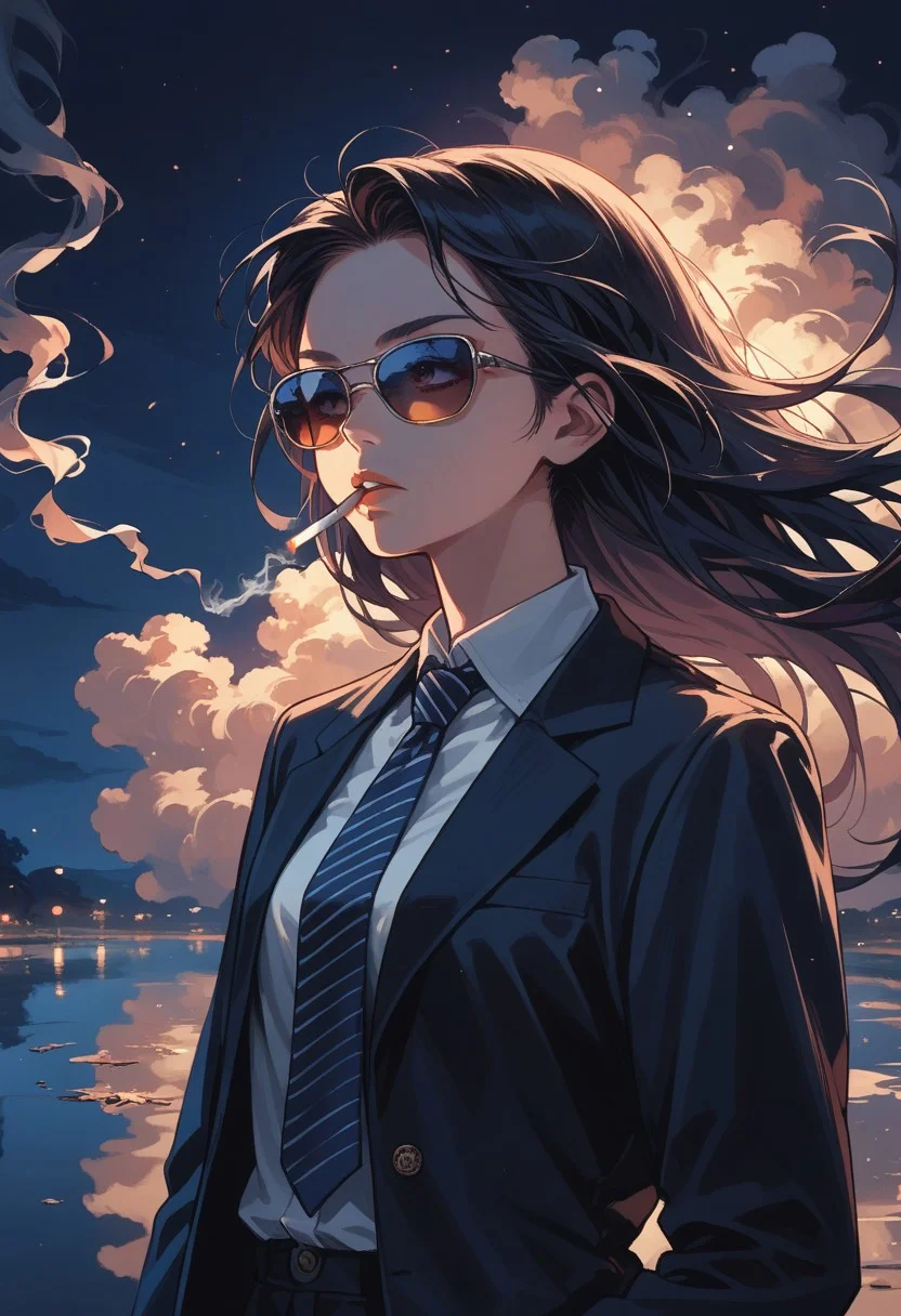 lazyup7, source_anime, 2d, cowboy shot, night, 1girl, eye, sunglasses, reflection, long hair, black hair, wind, cigarette, smoke, suit, tie