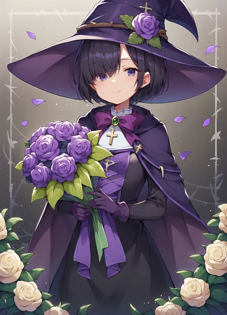 score_9, score_8_up, score_7_up, source_anime,1girl, bouquet, cloak, closed mouth, coat, cross, cross necklace, floral background, flower, flower ornament, green flower, grey background, hair over one eye, hat, hat flower, holding bouquet, holding flower, hydrangea, jewelry, looking at viewer, purple bow, purple bowtie, purple cape, purple eyes, purple flower, purple gloves, purple headwear, purple ribbon, purple rose, purple flower, rose, rose petals, rose print, short hair, solo, spoken squiggle, squiggle, thorns, witch, witch hat,
<lora:SDXL_PD_doskoinpo:1>